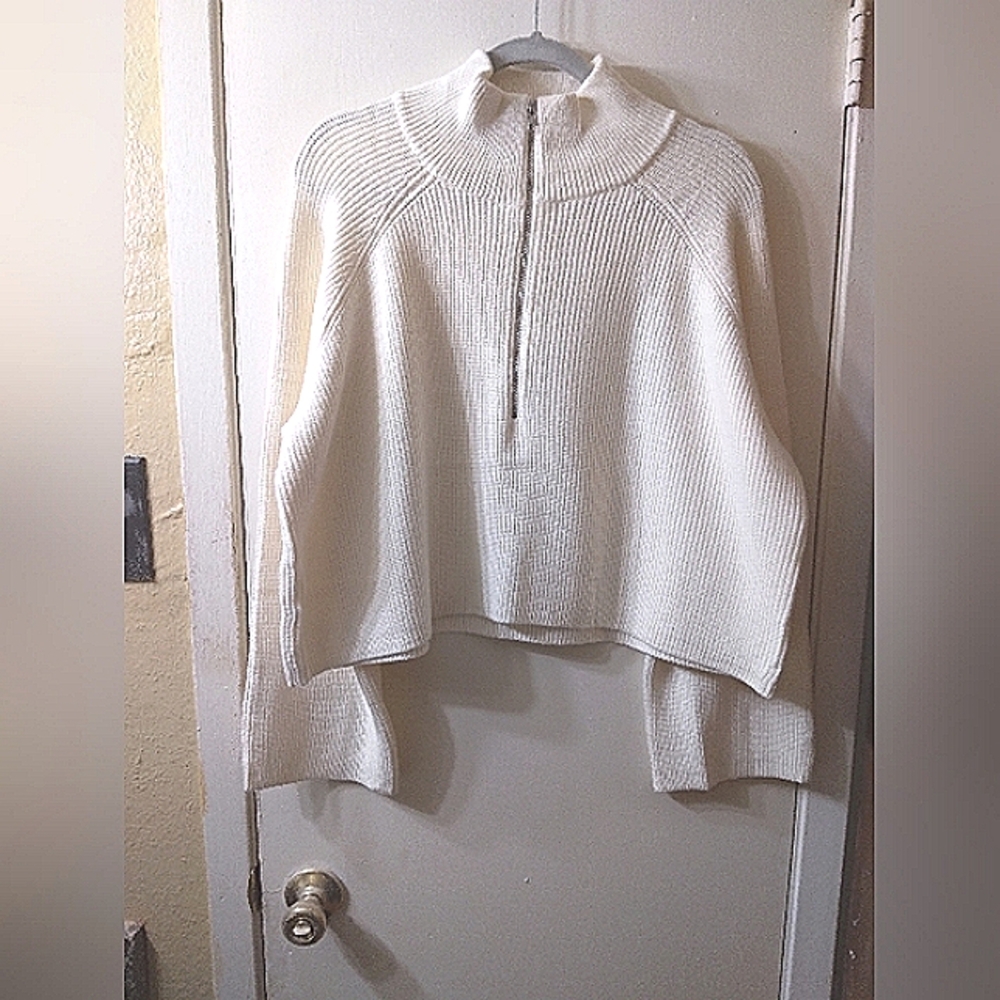 Cherfly Women's Turtleneck Casual Long Sleeve Half Zipper Pullover L Cream Color